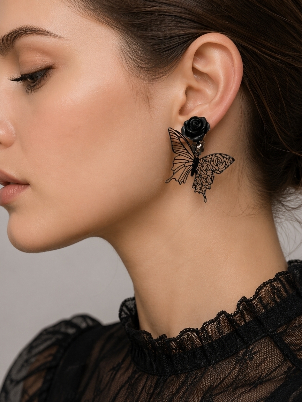 Vintage 1980s Black Rose Delicate Butterfly Goth Clip-on Earrings - Picture 1 of 7